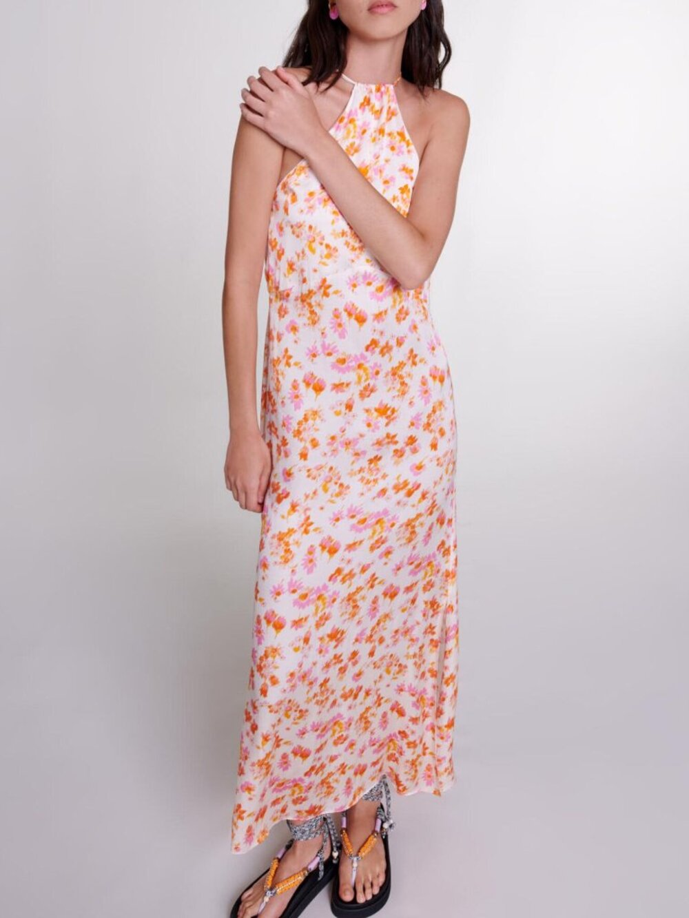 MAJE Rispring Maxi Dress Luxe Floral Airy Satin Halter Gown Party Flowy Stunner - Picture 10 of 16